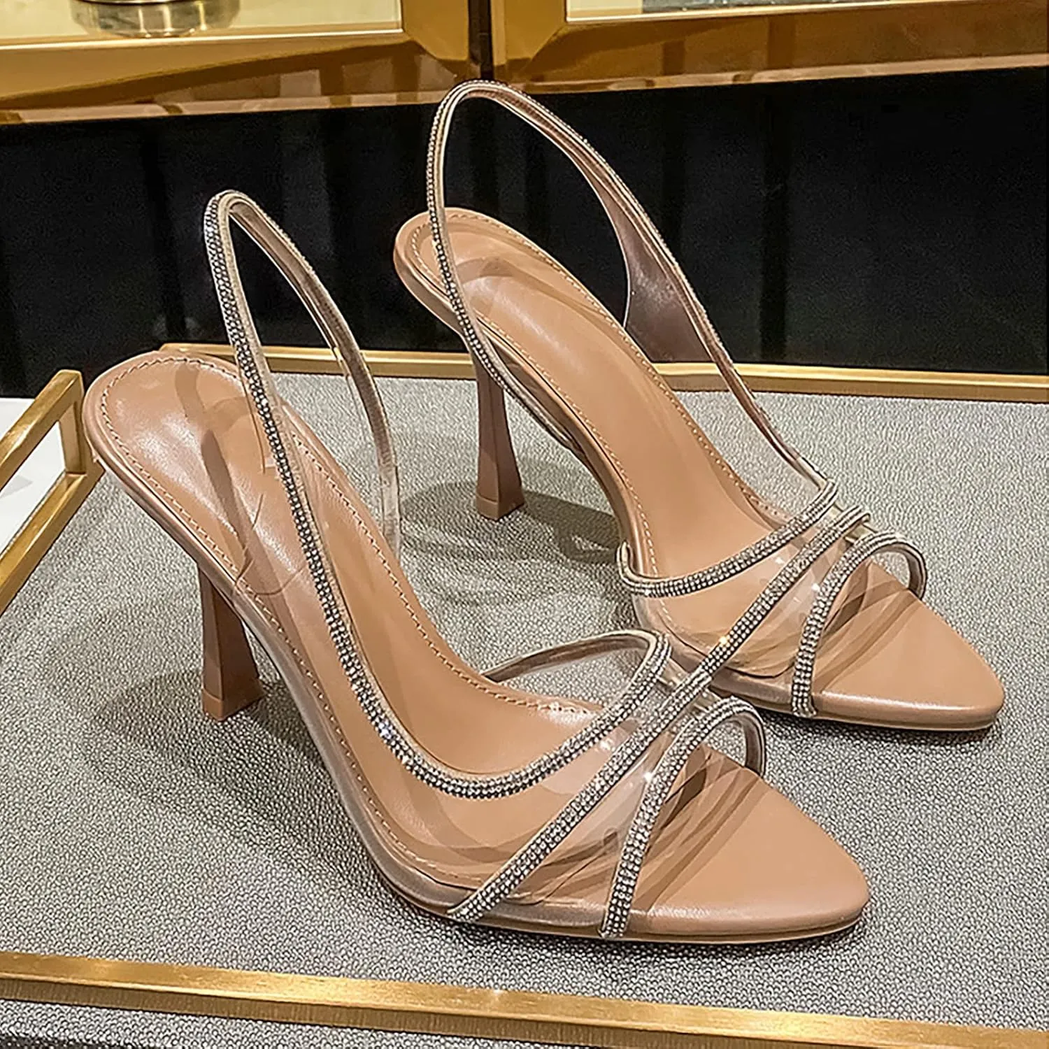 Women's Slingback Pumps, Women's Sandals Shiny Rhinestones High Heels Stiletto Open Toe D'Orsay Pumps Sandals Party Dress Shoes