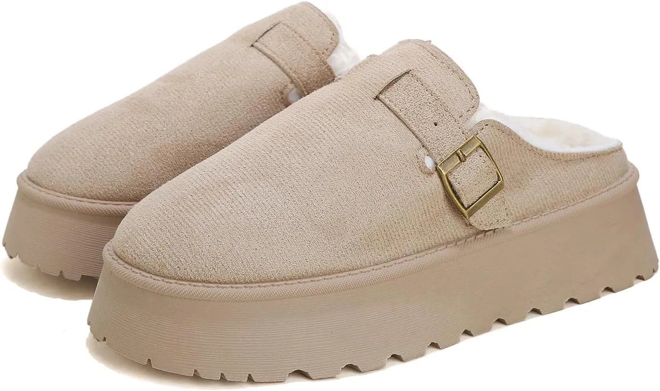Women's Slippers Platform Boots, Fur Fleece Lined Short Ankle Boots Comfy House Slippers Slip on Winter Mini Boots, Warm Snow Boots for Indoor Outdoor Fall Slippers