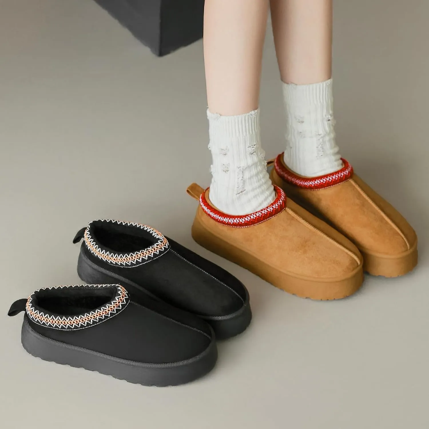 Women's Slippers Platform Boots, Fur Fleece Lined Short Ankle Boots Comfy House Slippers Slip on Winter Mini Boots, Warm Snow Boots for Indoor Outdoor Fall Slippers