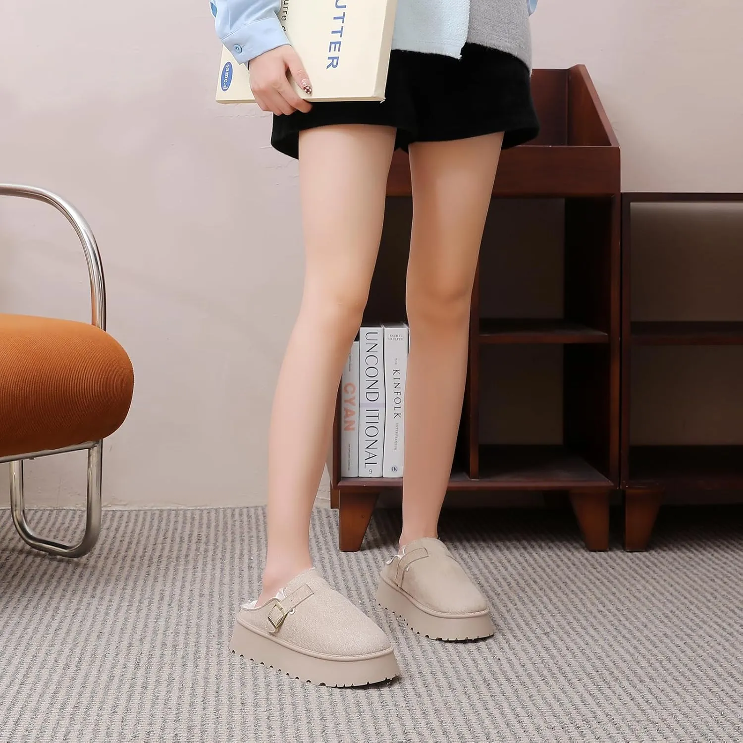 Women's Slippers Platform Boots, Fur Fleece Lined Short Ankle Boots Comfy House Slippers Slip on Winter Mini Boots, Warm Snow Boots for Indoor Outdoor Fall Slippers