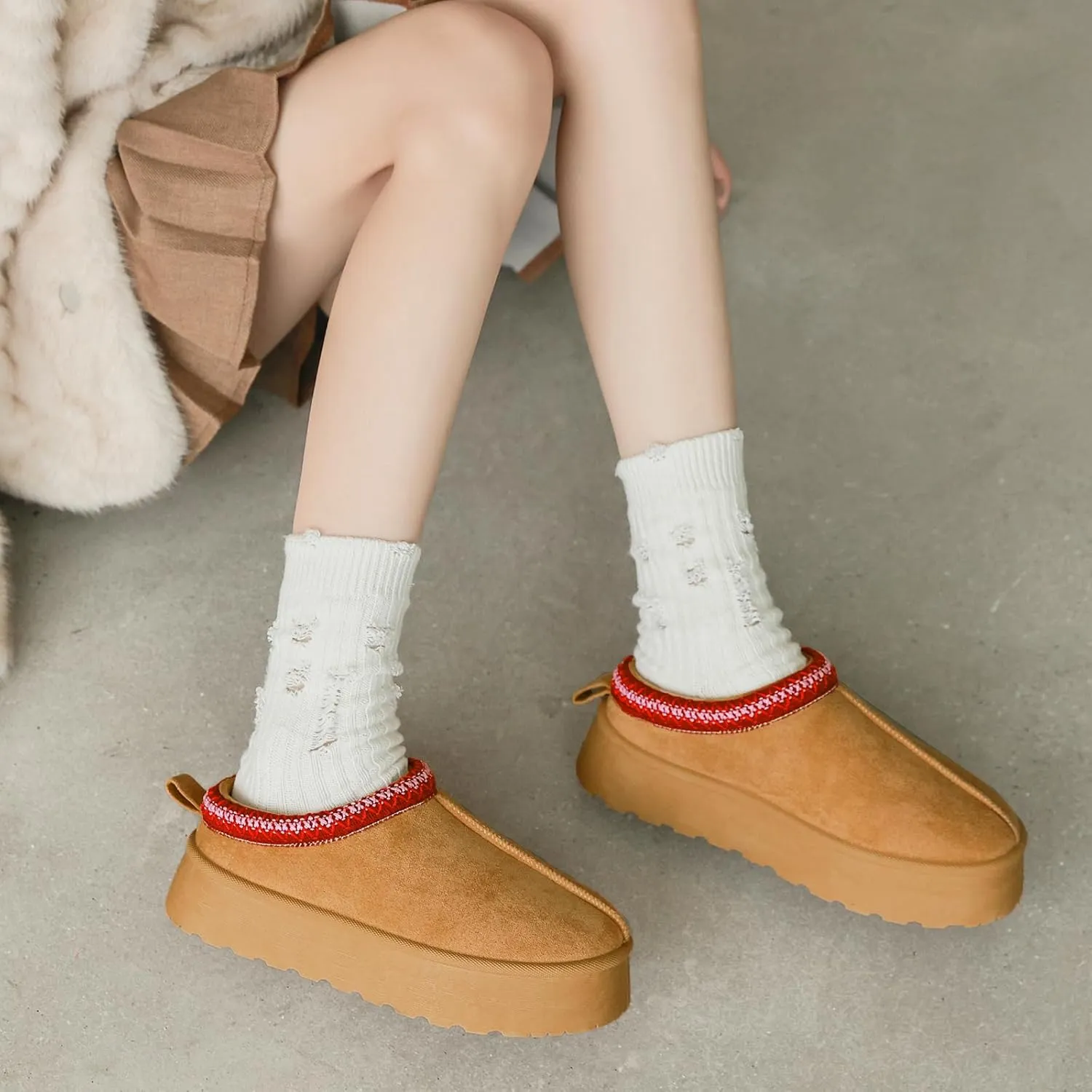 Women's Slippers Platform Boots, Fur Fleece Lined Short Ankle Boots Comfy House Slippers Slip on Winter Mini Boots, Warm Snow Boots for Indoor Outdoor Fall Slippers